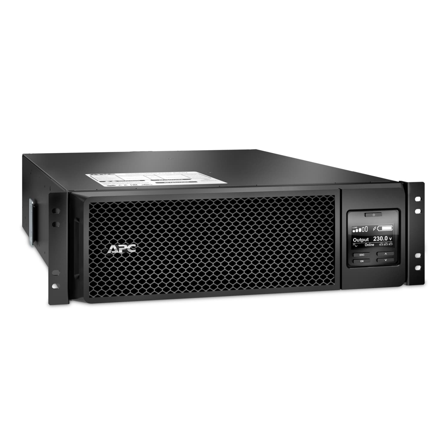 APC Rackmount Smart-UPS On-Line, 4500W/5000VA, Input 230V/Output 230V, Interface Port Contact Closure, RJ-45 10/100 Base-T, RJ-45 Serial, Smart-Slot, USB, Extended runtime model.